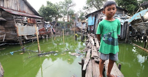 a young boy standing on a wooden bridge over a river