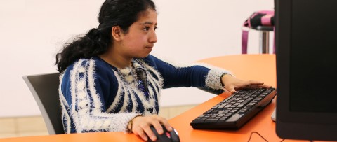 a woman sitting at a desk using a computer