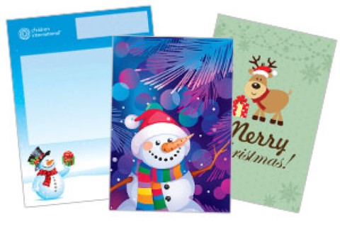 a set of three christmas cards with a snowman and reindeer