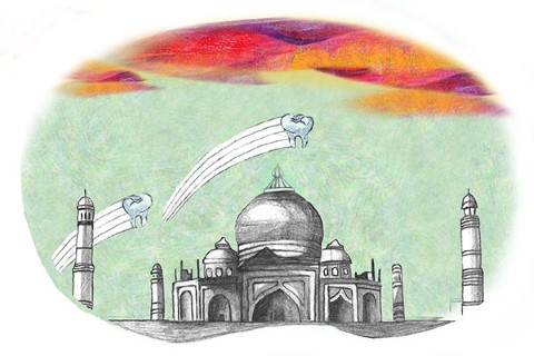 Ilustración del Taj Mahal con dos dientes volando sobre él