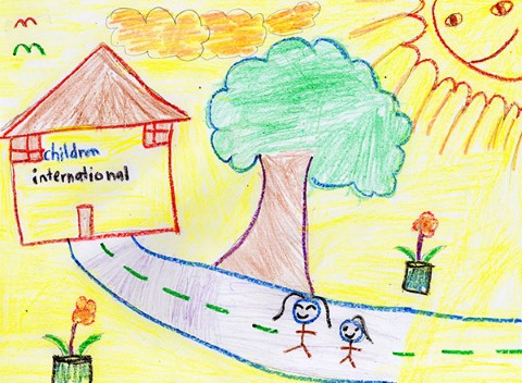Ellyn’s drawing of she and her mother walking to a Children International community center