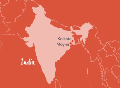 Este mapa de Bengala occidental, India, muestra la distancia entre Kolkata y Moyna.