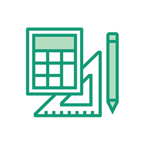 a rule, pencil and calculator icon